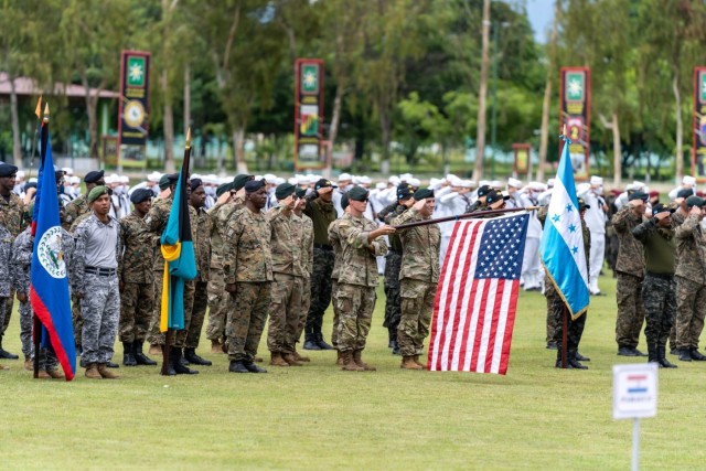 The United States team members salute during the playing of their national anthem during the opening ceremony of Fuerzas Comando 2022 on June 13, 2022, in Tegucigalpa, Honduras. Honduras hosts the event from June 13-23. Over 110 security forces...