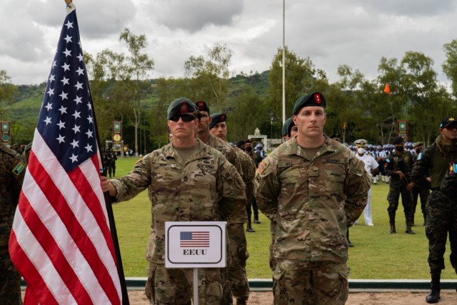 The United States team members present the flag at the opening ceremony on June 13, 2022, during Fuerzas Comando in Tegucigalpa, Honduras. About 110 security forces personnel from 17 countries, including the US., participated in the challenging contest, promoting military-to-military relationships, increasing training knowledge and improving regional security.