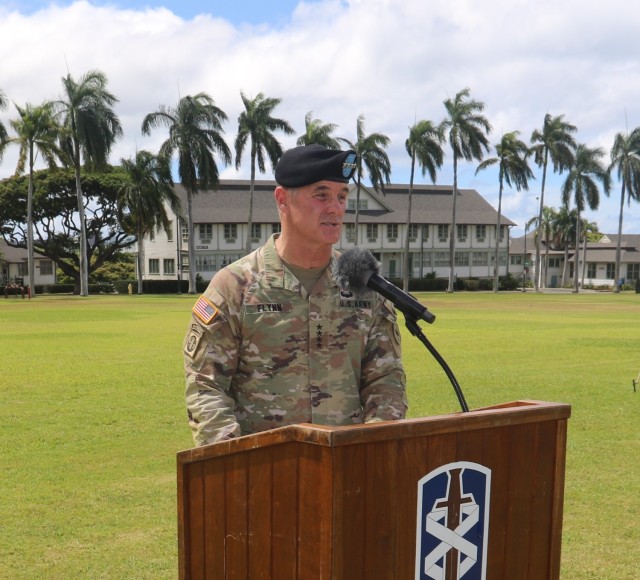 Gen. Charles A. Flynn, USARPAC Commanding General speaks at 18th MEDCOM Change of Command Ceremony
