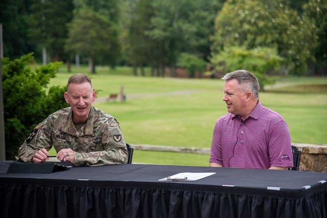 Garrison Commander Col. Glenn Mellor and Gary Haught, director of golf, discuss the activities offered at the Links.
