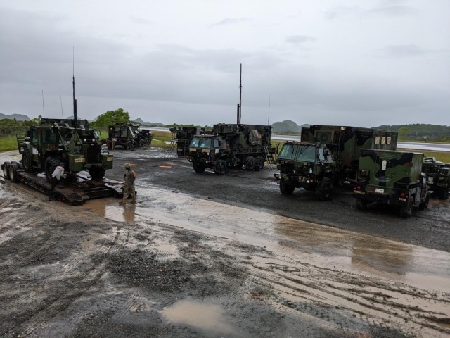 Air defenders from Charlie Battery, 1-1 ADA BN begin emplacing equipment at the Airai Airport site