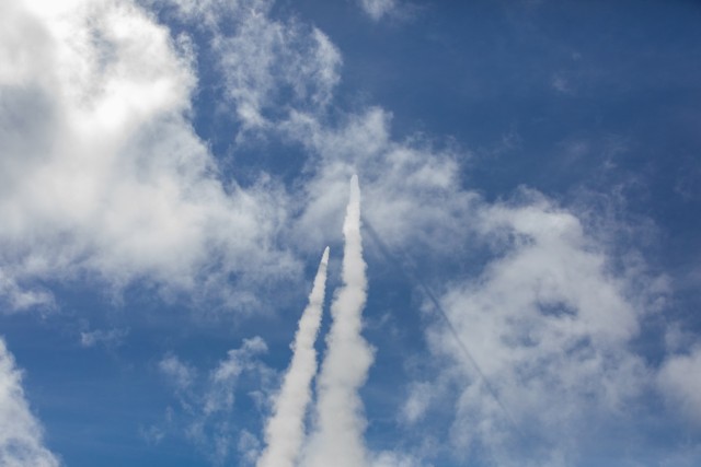 Two PAC-2 Patriot interceptor missiles in mid-air