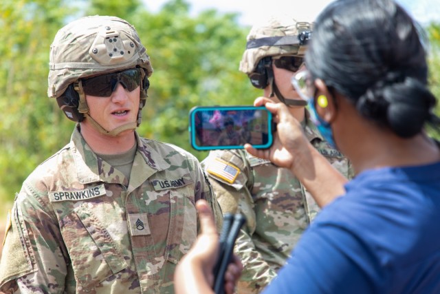 Soldiers from Charlie Battery, 1-1 ADA BN are interviewed following the live-fire
