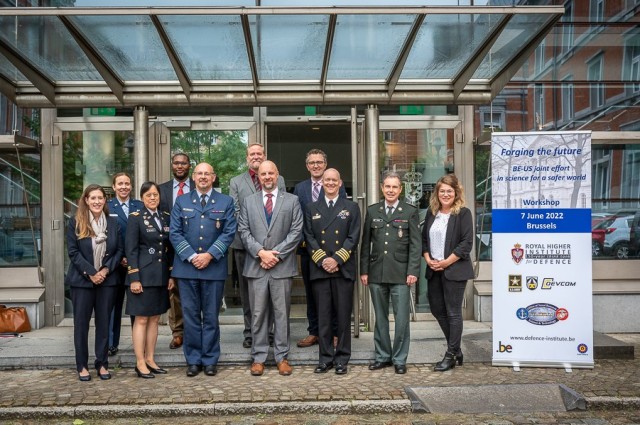 Left to right:  Dr. Kelly Risko (DEVCOM Atlantic/Aviation & Missile Center Science Advisor); Lt. Col. Amy Hallock (Office of Defense Cooperation Brussels); Col. Jenny Stacy (DEVCOM ATL Director); Dr. Paul Sparks (DEVCOM ATL - ITC Southern Europe); Col. Fillip Borremans (Directorate General Royal Higher Institute for Defense); Dr. Scott Walper (Office of Naval Research-Global, Science Director); Dr. Patrick Rose (ONR-G, Chief Scientist); Dr. Jonathon Brame (DEVCOM ATL - Basic and Applied Research Team Lead); Cpt. Matthew Farr (ONR-G Director); Col. Filip Martel (RHID and Technological Research of Defense Director); Ms. Lucie Geurts (RHID Domain Manager).