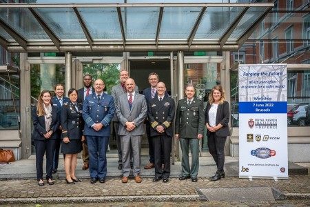 Left to right:  Dr. Kelly Risko (DEVCOM Atlantic/Aviation & Missile Center Science Advisor); Lt. Col. Amy Hallock (Office of Defense Cooperation Brussels); Col. Jenny Stacy (DEVCOM ATL Director); Dr. Paul Sparks (DEVCOM ATL - ITC Southern Europe); Col. Fillip Borremans (Directorate General Royal Higher Institute for Defense); Dr. Scott Walper (Office of Naval Research-Global, Science Director); Dr. Patrick Rose (ONR-G, Chief Scientist); Dr. Jonathon Brame (DEVCOM ATL - Basic and Applied Research Team Lead); Cpt. Matthew Farr (ONR-G Director); Col. Filip Martel (RHID and Technological Research of Defense Director); Ms. Lucie Geurts (RHID Domain Manager).