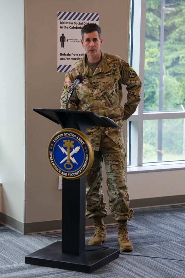 Col. Michael G. Dhunjishah, deputy commander, U.S. Army Intelligence and Security Command (INSCOM), speaks to the Soldiers, civilians and guests at INSCOM’s 247th Army birthday cake-cutting ceremony held in the Nolan Building, Ft. Belvoir, Virginia, June 14. Every year, units at all levels across the Army host ceremonies celebrating the Second Continental Congress passing a resolution that created the Continental Army, and 247 years after that resolution passed, the U.S. Army continues to fight and win America&#39;s wars.