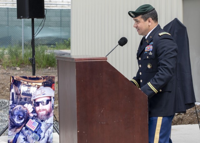 Lt. Col. Adam Woytowich, Picatinny Arsenal garrison commander, speaks at the building dedication in honor of Sgt. 1st Class Michael J. Goble. The SFC Michael J. Goble Armaments Integration Facility was dedicated during a ceremony here on June 3.