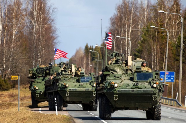 Army Capt. Denis Majewski, an outlaw troop commander assigned to the 4th Squadron, 2d Cavalry Regiment, leads a convoy in a tactical road march from the Niinisalo Training Area in Finland, May 8, 2022. Exercise Arrow is an annual, multinational exercise where armed forces from the U.S., U.K., Latvia and Estonia, train with the Finnish Defense Forces in high intensity, force-on-force engagements and live fire exercises to increase military readiness and promote interoperability among partner nations.
