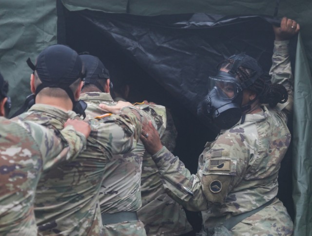 Soldiers assigned to the 35th Combat Sustainment Support Battalion enter a gas chamber during a training event at the Combined Arms Training Center Camp Fuji, Japan, June 23, 2022. More than 60 Soldiers participated in the training, as part of a larger effort to increase readiness in the battalion.