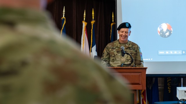 Outgoing 7th Signal Command (Theater) commander Brig. Gen. Mark D. Miles makes remarks at  the 7th Signal Command (Theater) change of command ceremony at Club Meade on Fort George G. Meade, Maryland, June 22, 2022.