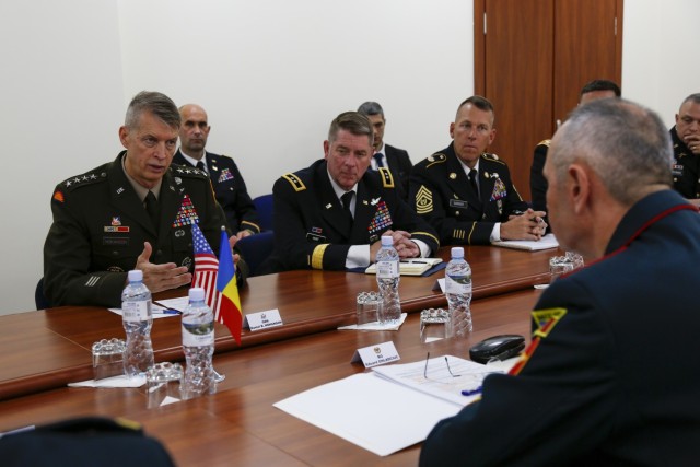 Army Gen. Daniel Hokanson, chief, National Guard Bureau, meets with Moldovan officials at the Ministry of Defense headquarters in the Republic of Moldova, June 10, 2022. Hokanson joined Army Maj. Gen. Todd Hunt, the adjutant general, North Carolina National Guard, to recognize Moldova&#39;s 23-year security cooperation with North Carolina.
