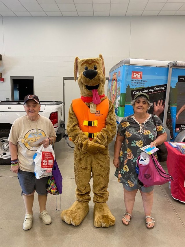 Bobber the Water Safety Dog teaching the public about water safety and the importance of wearing your life jacket at the Family Fun in the Sun event held by the Mayes County Health Department in Pryor, Oklahoma