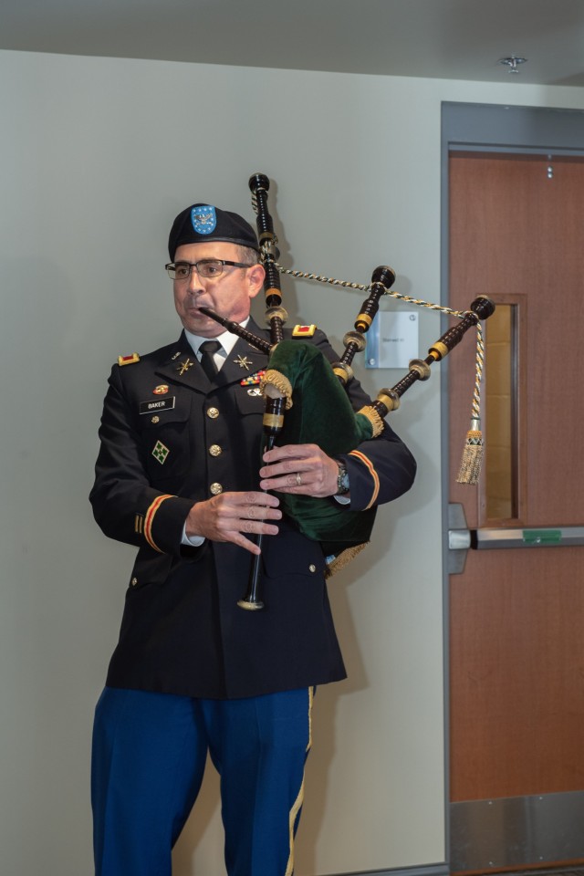 Col. Michael Baker, DEVCOM Indo-Pacific Director, played the Army song on bagpipes at the retirement ceremony for John S. Willison, who served as the Deputy to the Commanding General of DEVCOM. Commanding General, Maj. Gen. Miles Brown, hosted the ceremony, which was also live-streamed to hundreds who had served with Willison throughout his career.