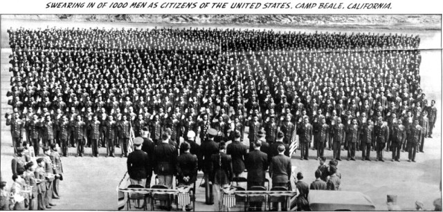 A page from a 1st Filipino Infantry 1942 yearbook from Camp Roberts, Calif., shows the swearing in of 1,000 Soldiers at Camp Beale, Calif.