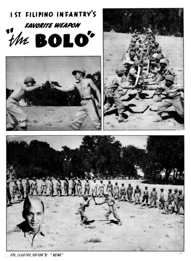 A page from a 1st Filipino Infantry 1942 yearbook from Camp Roberts, Calif., shows the unit’s favorite weapon “the bolo.”