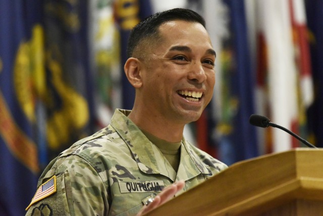 Incoming U.S. Army Chemical, Biological, Radiological and Nuclear School Regimental Command Sgt. Maj. Raymond Quitugua speaks during the change-of-responsibility ceremony Friday in Lincoln Hall Auditorium. Quitugua – who is originally from the island of Guam – comes to Fort Leonard Wood from Fort Rucker, Alabama, where he was the Garrison Command Sergeant Major.