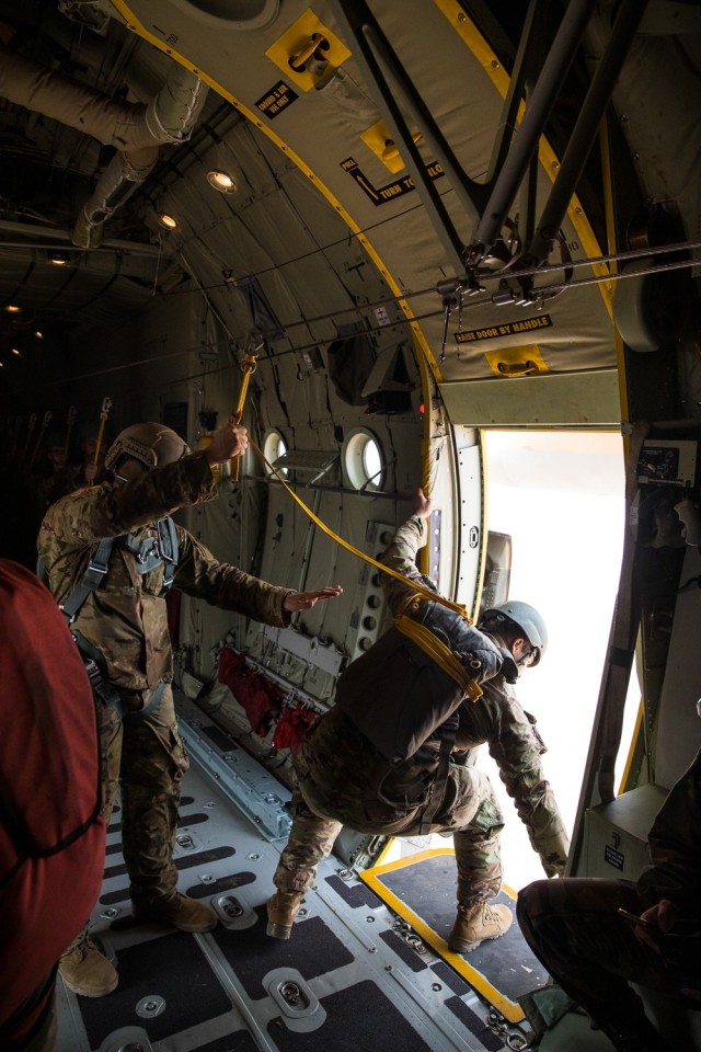 U.S. Army Soldiers assigned to the 19th Special Forces Group (Airborne), Utah Army National Guard, perform the jumpmaster safety checks required before all the jumpers can exit the plane for a friendship airborne operation in Grier Labouihi, Morocco, during African Lion 22, on June 19, 2022. African Lion 22 is U.S. Africa Command&#39;s largest, premier, joint, combined annual exercise hosted by Morocco, Ghana, Senegal, and Tunisia, June 6 - 30. More than 7,500 participants from 28 nations and NATO train together with a focus on enhancing readiness for U.S. and partner-nation forces. AL22 is a joint all-domain, multi-component, and multinational exercise, employing a full array of mission capabilities with the goal to strengthen interoperability among participants and set the theater for strategic access. (U.S. Army National Guard photo by Spc. Mackenzie Willden)