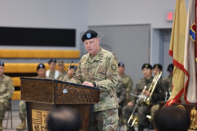 Brig. Gen. Steven L. Allen speaks to attendees at the 19th Expeditionary Sustainment Command change of command ceremony at Camp Walker, Republic of Korea, after relinquishing command to Brig. Gen. Frederick L. Crist.