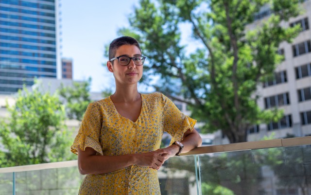 Photo of Leah Lucio outside of AFC headquarters in Austin, Texas.