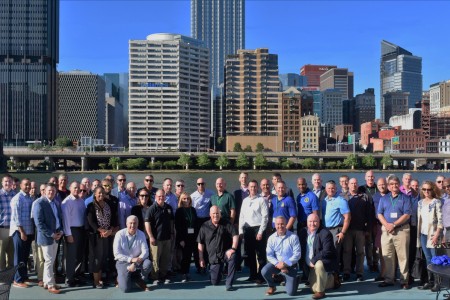 Lt. Gen. James M. Richardson with Army senior leaders at Pittsburgh&#39;s Station Square backdropped by the city&#39;s skyline during the AFC Tech Terrain Walk.