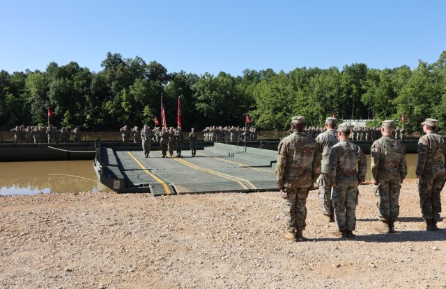 Members of 19th Engineer Battalion line up for their June 30, 2022 change of command ceremony at Tobacco Leaf Lake, Fort Knox, Kentucky.