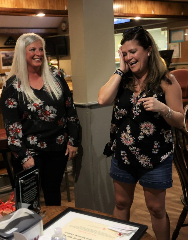 Fort Knox American Red Cross chapter 2022 Volunteer of the Year recipient Suzie Rendon shows her surprise upon discovering her selection at an award presentation June 29.