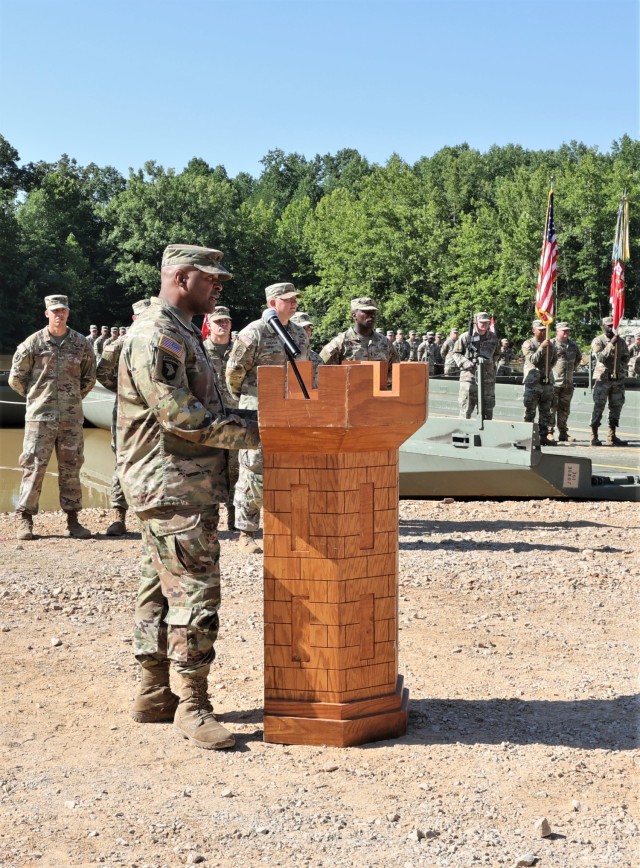 Outgoing 19th Engineer Battalion Commander Lt. Col. Christopher Beal thanks his Family and former Soldiers for their support during his two years leading the battalion June 30, 2022 at the Tobacco Leaf Lake change of command ceremony.