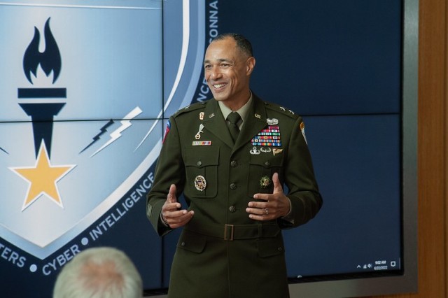 Maj. Gen. Robert Edmonson II, commanding general for the U.S. Army Communications-Electronics Command and APG senior commander, welcomes the families and guests of the C5ISR Hall of Fame Class of 2022 June 22.