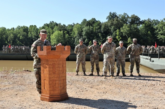 Incoming 19th Engineer Battalion Commander Lt. Col. Todd Bradford addresses attendees of the June 30, 2022 change of command ceremony at Tobacco Leaf Lake after officially receiving the battalion colors.