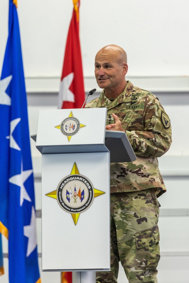 U.S. Army Gen. Christopher G. Cavoli gives his remarks during his change of command ceremony for U.S. European Command in Stuttgart, Germany, on July 1, 2022. Upon taking command from U.S. Air Force Gen. Tod D. Wolters, Cavoli assumed...