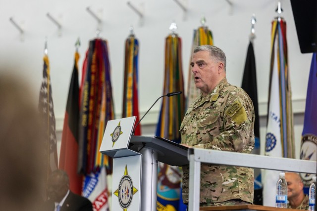 U.S. Chairman of the Joint Chiefs of Staff General Mark A. Milley, gives his opening remarks during a change of command ceremony for U.S. European Command in Stuttgart, Germany, on July 1, 2022. Upon taking command from U.S. Air Force Gen. Tod D. Wolters, U.S. Army Gen. Christopher G. Cavoli assumed responsibility for U.S. military operations across Europe, portions of Asia and the Middle East, the Arctic and Atlantic Ocean. USEUCOM is comprised of more than 64,000 permanently assigned military and civilian personnel and works closely with NATO Allies and Partners.