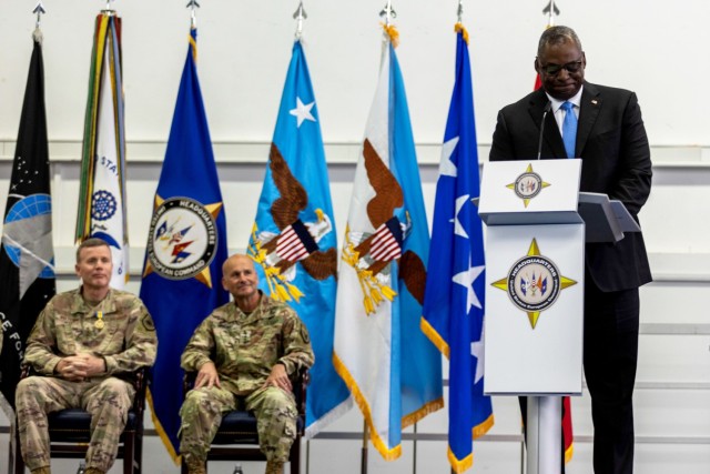 U.S. Secretary of Defense Lloyd J. Austin III gives his remarks during a change of command ceremony for U.S. European Command in Stuttgart, Germany, on July 1, 2022. Upon taking command from U.S. Air Force Gen. Tod D. Wolters, U.S. Army Gen. Christopher G. Cavoli assumed responsibility for U.S. military operations across Europe, portions of Asia and the Middle East, the Arctic and Atlantic Ocean. USEUCOM is comprised of more than 64,000 permanently assigned military and civilian personnel and works closely with NATO Allies and Partners.