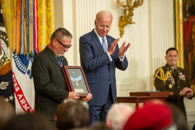 John Kaneshiro, son of former Staff Sgt. Edward Kaneshiro, receives the Medal of Honor from the president Joe Biden on July 5, 2022.  Kaneshiro received the award on behalf of his father’s acts of gallantry and intrepidity above and beyond the call of duty while serving as an Infantry Squad Leader with Troop C, 1st Squadron, 9th Cavalry, 1st Cavalry Division near Phu Huu 2, Kim Son Valley, Republic of Vietnam. On July 25, 1963, Kaneshiro was awarded the Distinguished Service Cross for his actions. On July 21, 2020, the Secretary of the Army recommended the upgrade of his award to the Medal of Honor. (U.S. Army photo by Sgt. Henry Villarama)