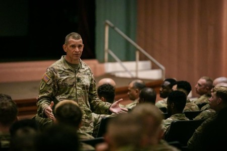 Sgt. Maj. of the Army Michael A. Grinston discusses Army initiatives during a town hall with Soldiers from the 25th Infantry Division on Schofield Barracks, Oahu, Hawaii, May 18, 2022. Grinston also inquired about the Soldiers&#39; concerns, and their thoughts on Army policies while answering questions and providing feedback. 
