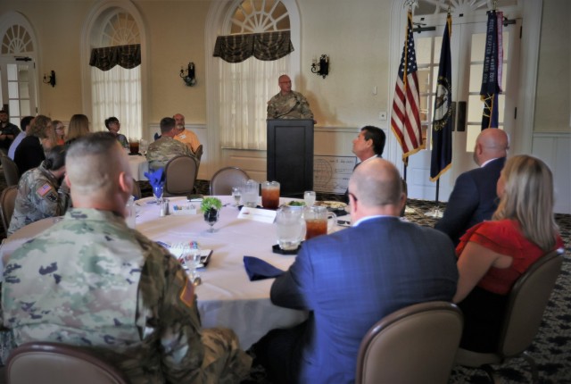 Commanding General of the U.S. Army Cadet Command and Fort Knox Maj. Gen. Johnny Davis addresses attendees of the Armed Forces Communications and Electronics Association Gold Vault chapter’s Liftoff Scholarships luncheon at the Saber and Quill July 11, 2022. 