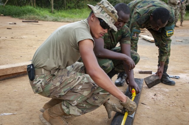 Spc. Jayden Askew, a 623rd Engineer Company carpentry and masonry specialist, works with two Rwanda Defense Force engineers to cut wooden planks to the correct size. The Nebraska National Guard Soldier was one of several Wahoo-based engineers who traveled to Rwanda in March to participate in a medical/engineer exercise as part of the National Guard's State Partnership Program. (Nebraska Air National Guard photo by Lt. Col. Kevin Hynes)