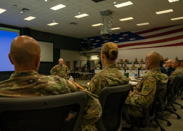 U.S. Army Lt. Gen. John R. Evans, U.S. Army North commanding general, speaks to the audience during the 2022 Hurricane Rehearsal of Concept drill, at Joint Base San Antonio-Fort Sam Houston, Texas, April 25, 2022. The primary purpose of the rehearsal was to prepare participants to support the Federal Emergency Management Agency, the lead federal agency for hurricane response, during the 2022 Atlantic Hurricane Season, which begins June 1. In addition to response and recovery-focused discussions participants also talked about national resiliency in support of the National Response Framework. (U.S. Army photo by Sgt. Ashlind House /U.S. Army North)