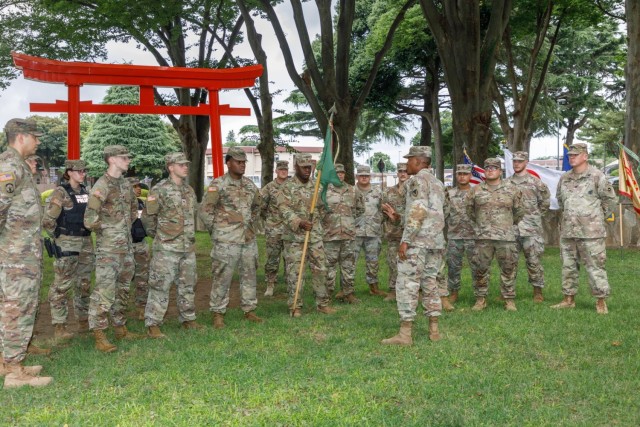 Command Sgt. Maj. Justin E. Turner, senior enlisted leader for U.S. Army Garrison Japan, addresses a group of military police Soldiers during a patching ceremony at Camp Zama, Japan, July 12, 2022.