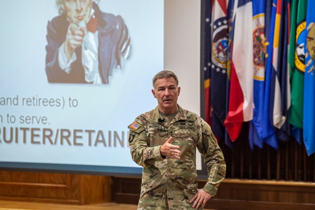 Army Chief of Staff Gen. James C. McConville speaks to captains Wednesday in Lincoln Hall Auditorium during a professional development event.