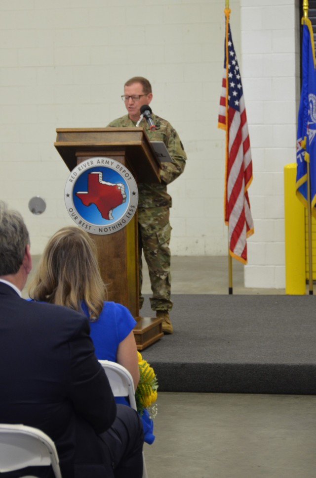 RRAD Commander Col. Jonathan W. Meisel speaks to the audience during the depot&#39;s change of command ceremony. Col. John W. Kredo relinquished command of the depot Thursday morning following a two-year tenure.