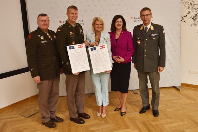 Left to right, U.S. Army Maj. Gen. Gregory Knight, Vermont’s adjutant general; U.S. Army Gen. Daniel Hokanson, chief, National Guard Bureau; Klaudia Tanner, federal minister of defense of the Republic of Austria; U.S. Ambassador to Austria...