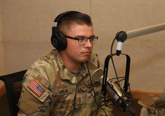 U.S. Army 2nd Lt. Douglas Urban, assigned to 194th Division Sustainment Support Battalion, 2nd Infantry Division Sustainment Brigade, stays engage with a conversation during an interview at American Forces Network, Camp Humphreys, South Korea, July 20, 2022. Urban provides advice and leadership to cadets from the Cadet Troop Leader Training program. (U.S. Army photo by Sgt. Evan Cooper)