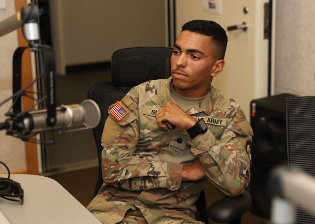 U.S. Army Cadet Charles Snead, assigned to 194th Division Sustainment Support Battalion, 2nd Infantry Division Sustainment Brigade, participates in an interview at American Forces Network, Camp Humphreys, South Korea, July 20, 2022. Snead attends the University of Louisville. (U.S. Army photo by Sgt. Evan Cooper)