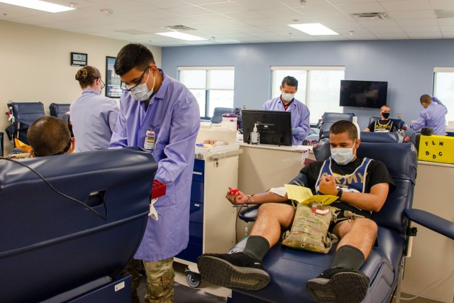 Trainees from the 43rd Adjutant General Battalion’s Fitness Training Unit donate blood Wednesday at the Fort Leonard Wood Blood Donor Center. Each donation of whole blood provides plasma and red blood cells that can save the life of two different individuals. 