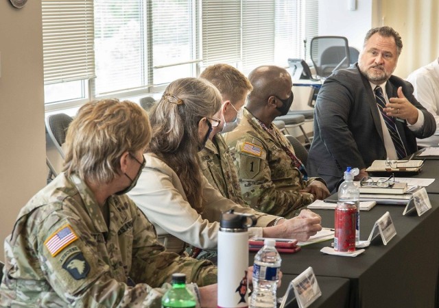 Dale Whittaker, the Security Assistance Management Directorate director of Program Executive Office Simulation, Training and Instrumentation briefs during a July 19, 2022 meeting hosted by U.S. Army Security Assistance Command leadership. USASAC&#39;s Commanding General Brig. Gen. Brad Nicholson, Deputy to the Commanding General Dr. Myra Gray and Senior Enlisted Advisor Command Sergeant Major Sean Rice hosted the gathering for representatives from the Army Materiel Command life cycle management commands, Army Contracting Command and PEO STRI, all of which USASAC relies on to successfully execute the Army&#39;s security assistance mission. USASAC leads the AMC Security Assistance Enterprise by developing and managing security assistance programs and foreign military sales cases to build partner capacity, support Combatant Command engagement strategies and strengthen U.S. global partnerships. 
