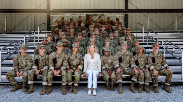 Secretary of the Army, Honorable Christine Wormuth, visits 1st Regiment, Basic Camp, Cadets as they participate in the Field Leader Reaction Course (FLRC) during Cadet Summer Training (CST) at Fort Knox, Ky., July 21, 2022. Wormuth spoke to Cadets about their time at CST and opened the floor to any questions they had.