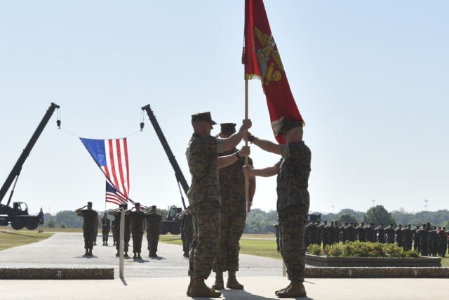 Fort Leonard Wood’s Marines said farewell to Col. Charles Long (right) and welcomed Col. Scottie Redden, who took command of the Marine Corps Detachment here in a change-of-command ceremony July 22 on Gammon Field. 