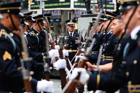 Capt. Mike Vogel, commander of the U.S. Army Drill Team, leads a drill performance with his Soldiers at Times Square, N.Y., on June 14, as part of a U.S. Army Birthday ceremony. The ceremony commemorated the Army’s 247th birthday and highlighted the Army’s 24/7 commitment to global readiness and the Army family.