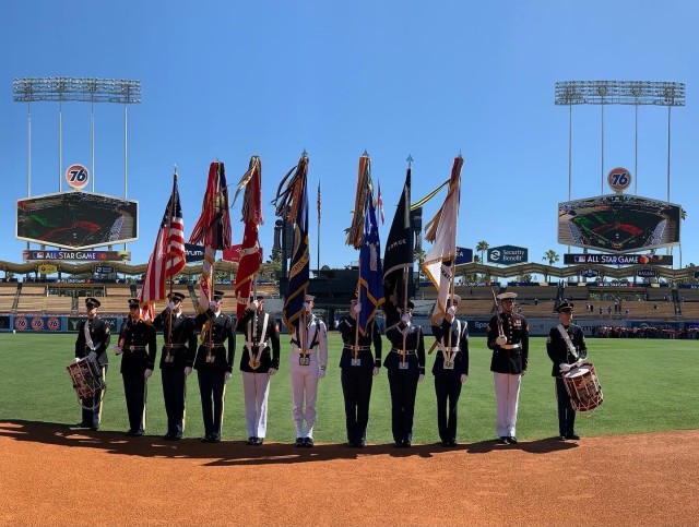The Joint Armed Forces Color Guard and drummers from The United States Army Field Band rehearse in preparation for the 2022 MLB Al-Star Game at Dodger Stadium, Los Angeles, July 19, 2022. 