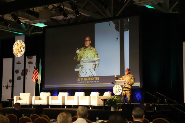 Gen. Andrew Poppas, FORSCOM Commanding General, provides opening keynote remarks at the Inaugural AUSA Warfighter Expo and Summit at the Fayetteville, NC, Crown Complex, July 27.  The theme of the two-day summit is “America’s Response Force: Ready Today, Ready Tomorrow.”
